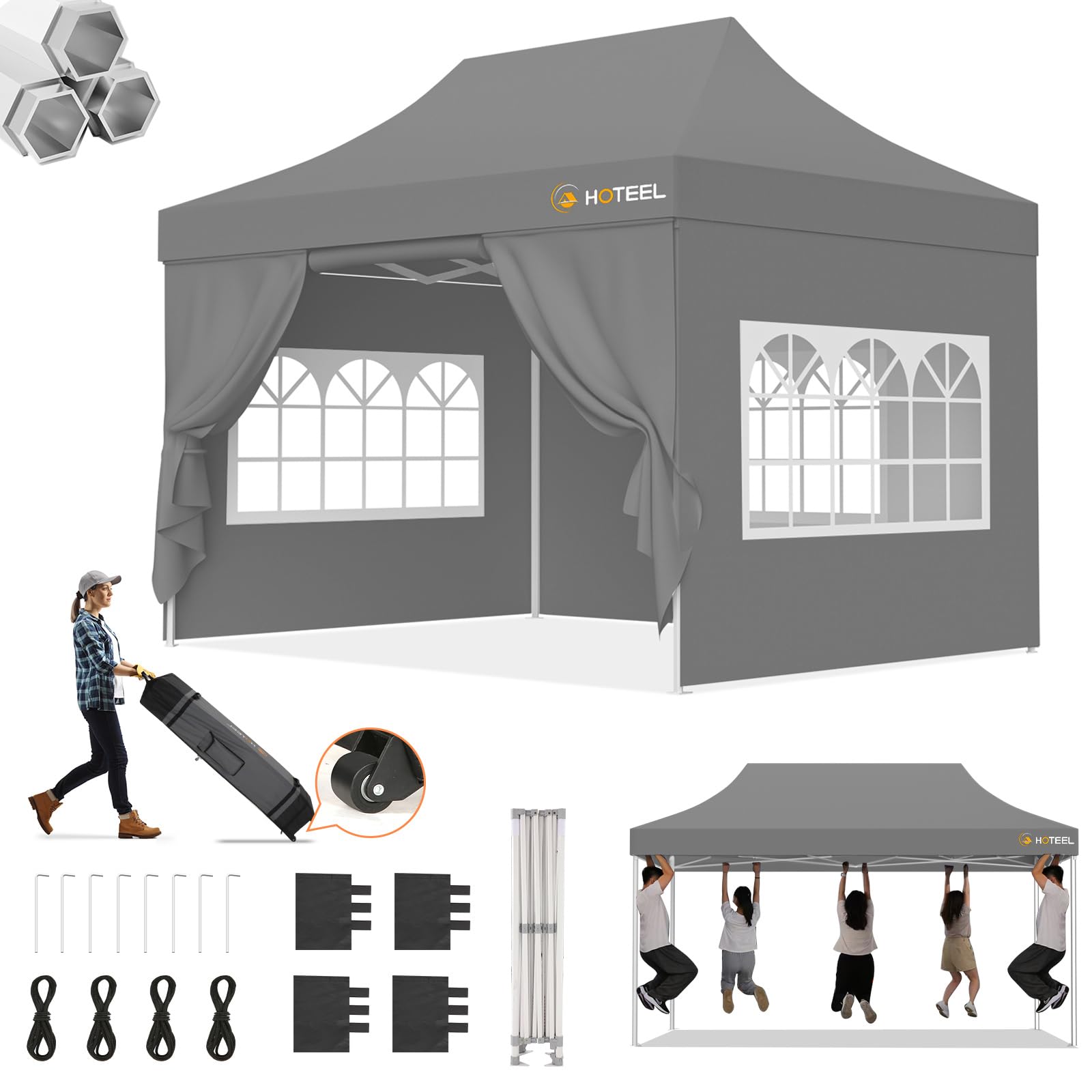 Hoteel 10x15 Pop Up Canopy Tent Heavy Duty with 4 Sidewalls, Waterproof Party Tent, Easy Set-up Commercial Instant Tents with Roller Bag & Sandbags, Hexagonal Leg (1-Year Warranty)
