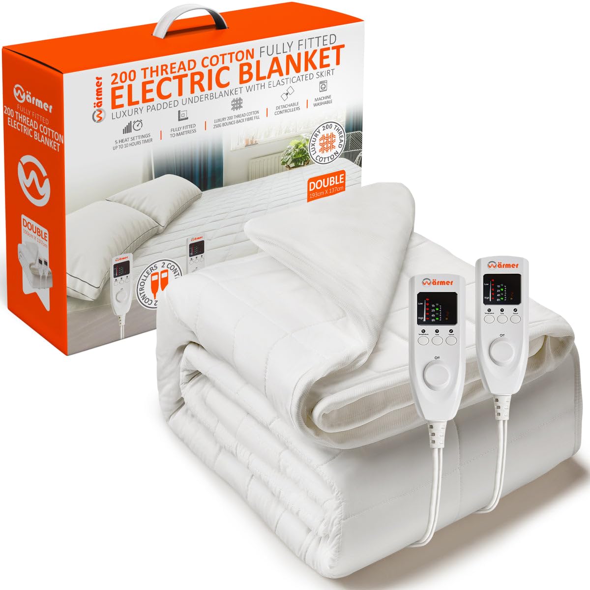 Wärmer Cotton Luxury Padded Electric Heated Blanket - Double (193 x 137cm) - Fully Fitted...