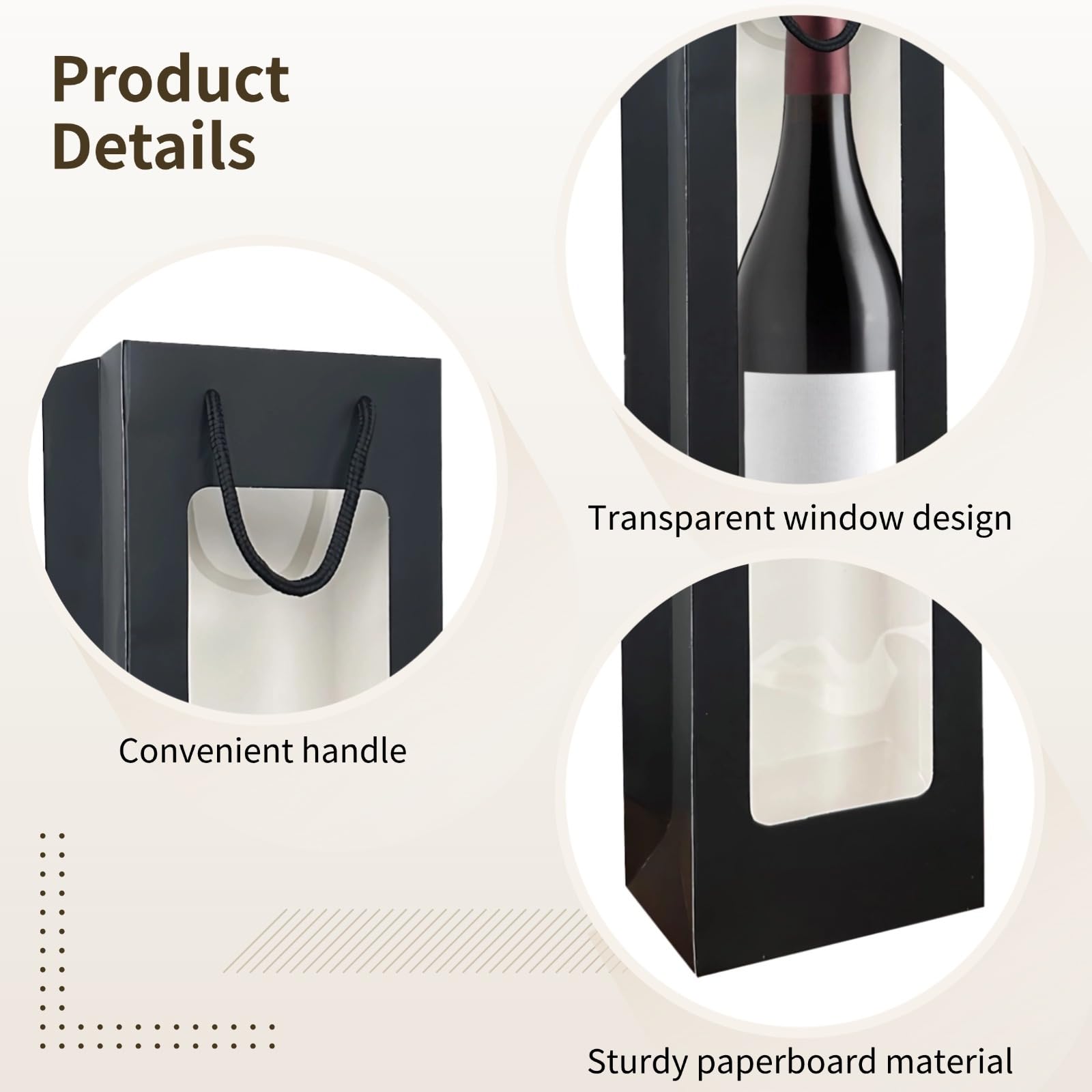 Lot de 24 sacs cadeaux noirs pour bouteille de vin - Sacs en papier avec fenêtre - 35,6 cm de haut - Réutilisables