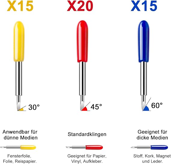 50Pcs Replacement Spare for Cricut Maker Explore Air/Air 2/Air 3, Fine Point Explore Air 2, 15pcs Yellow 30° Fine, 30pcs Red 45° Standard, 15pcs Blue 60° Deep Point, with Holder Base, Box