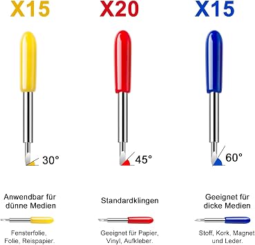 50Pcs Replacement Spare for Cricut Maker Explore Air/Air 2/Air 3, Fine Point Explore Air 2, 15pcs Yellow 30° Fine, 30pcs Red 45° Standard, 15pcs Blue 60° Deep Point, with Holder Base, Box