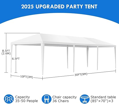 Miniatura 6 de Tienda de campaña para fiestas mejorada 2025 de 10 x 30 pies, carpas blancas al aire libre para fiestas, bodas, eventos, cumpleaños, tiendas de