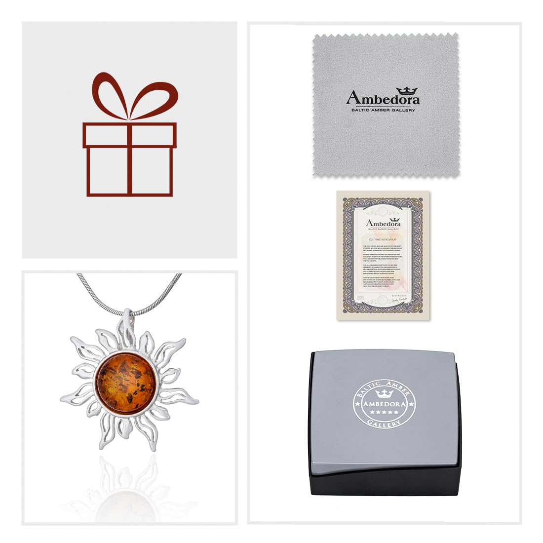 collana d'ambra da donna, argento 925, ciondolo a forma di sole d'ambra su catenina, set pronto da regalare