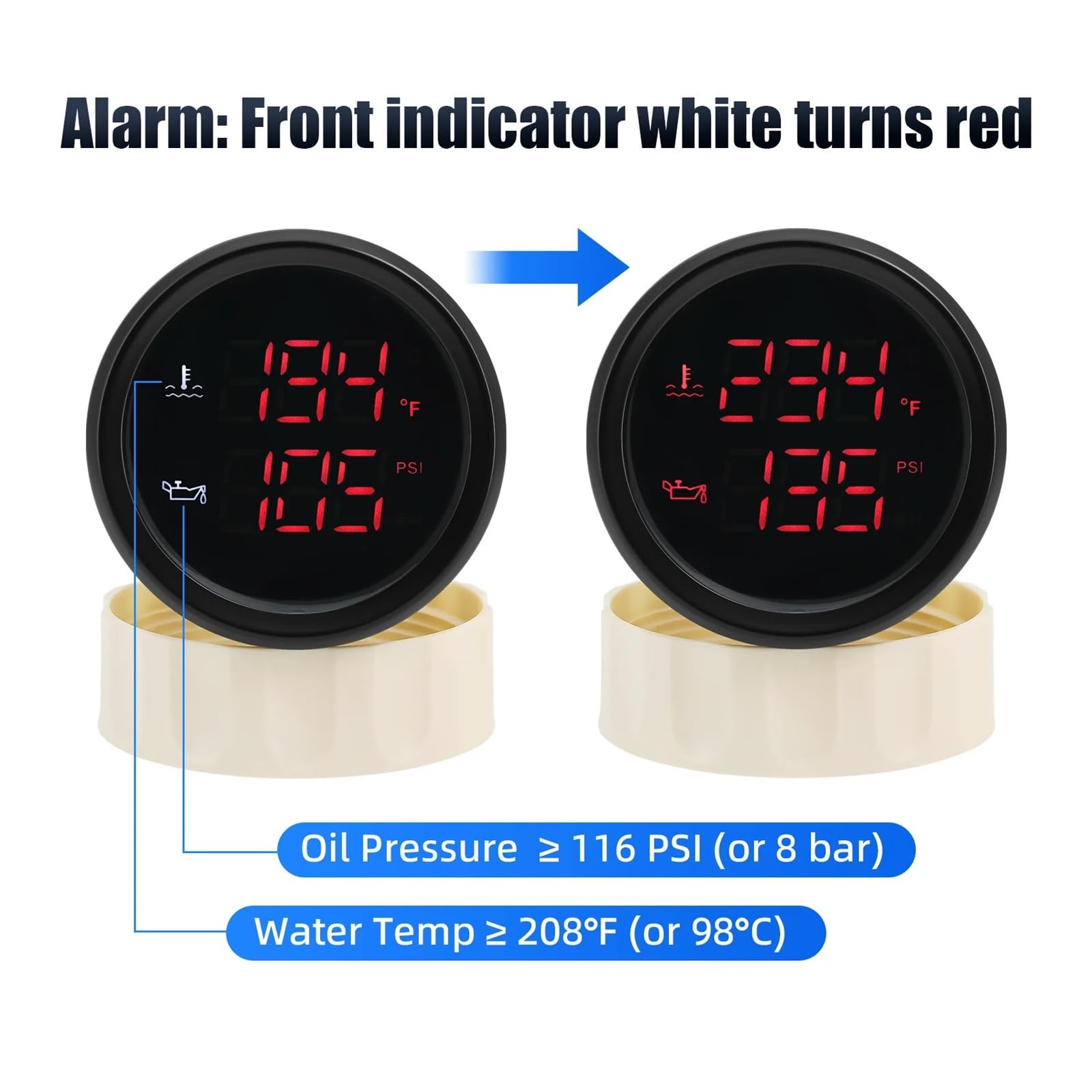 Medidor doble 2 en 1 con alarma, medidor de presión de aceite Digital LED rojo de 52mm/medidor de temperatura del agua + Sensor for automóvil barco 12V24V Alta visibilidad(BS Red LED)