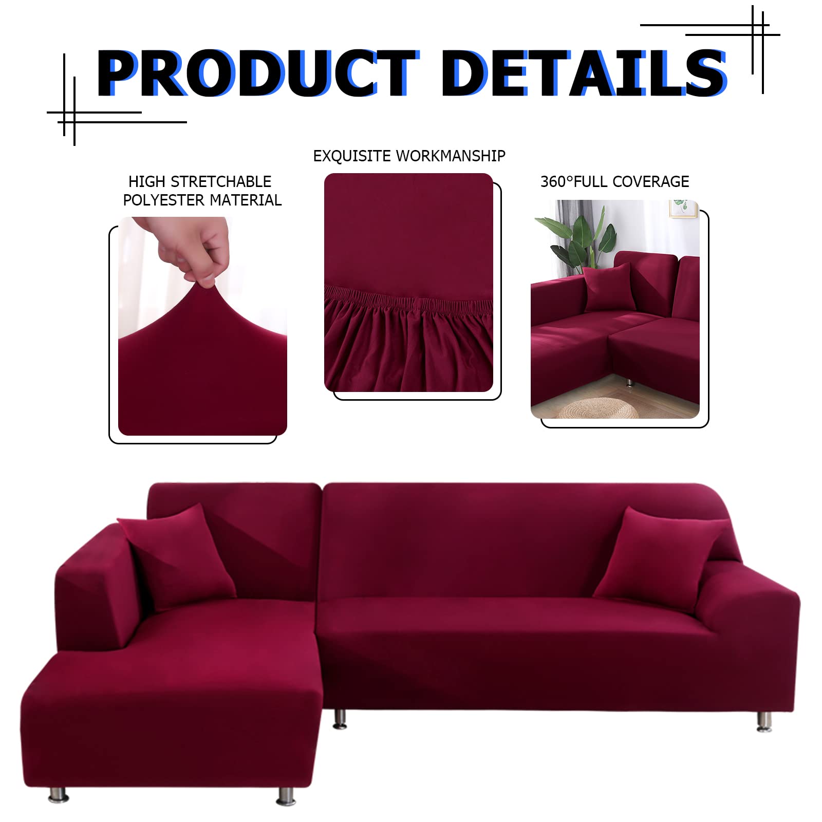 Lydevo Copridivano con Penisola Elasticizzato,Copridivano Angolare a Sinistra/Destra Universale con 2 Federi,Fodere Divano Penisola Forma di L,Chaise Longue Sofa Cover(2 Posti+2 Posti,Vino Rosso)