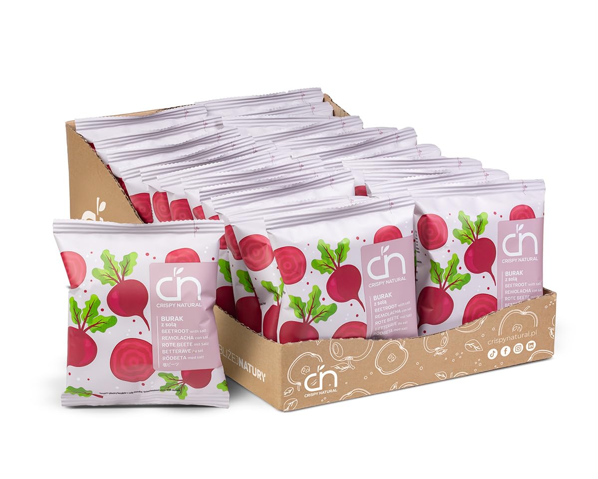 Crispy Natural Tranci di Barbabietola Essiccata con Sale Marino 24 x 18g Naturali Senza Aggiunta di Zucchero e Grassi Confezioni Pratiche