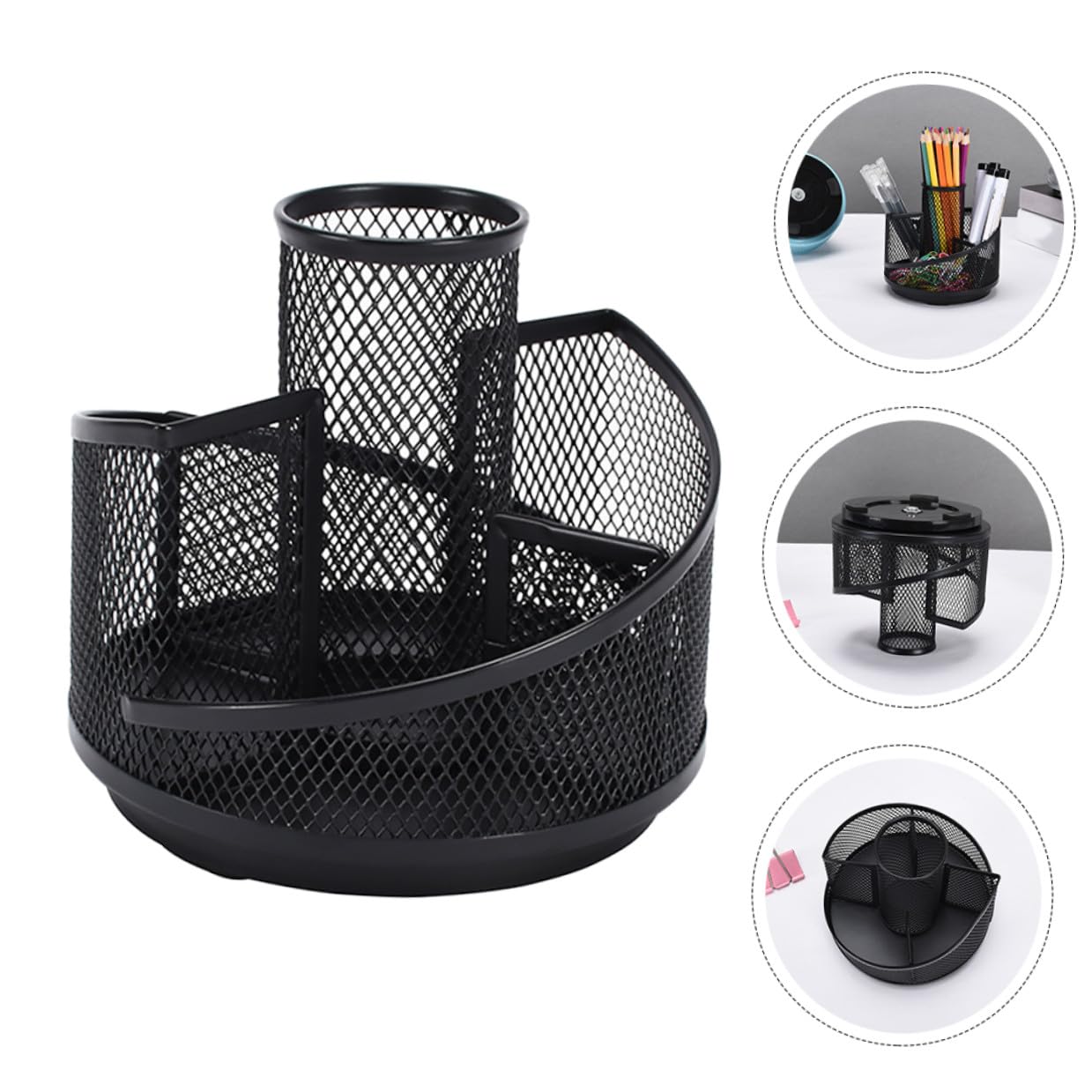 SEWACC 4 Stück Drehbarer Metall Stiftehalter mit Fächern Großer Kapazität Multifunktionaler Schreibtisch Organizer für Bürobedarf und Kosmetik Platzsparende Aufbewahrungsbox in Schwarz