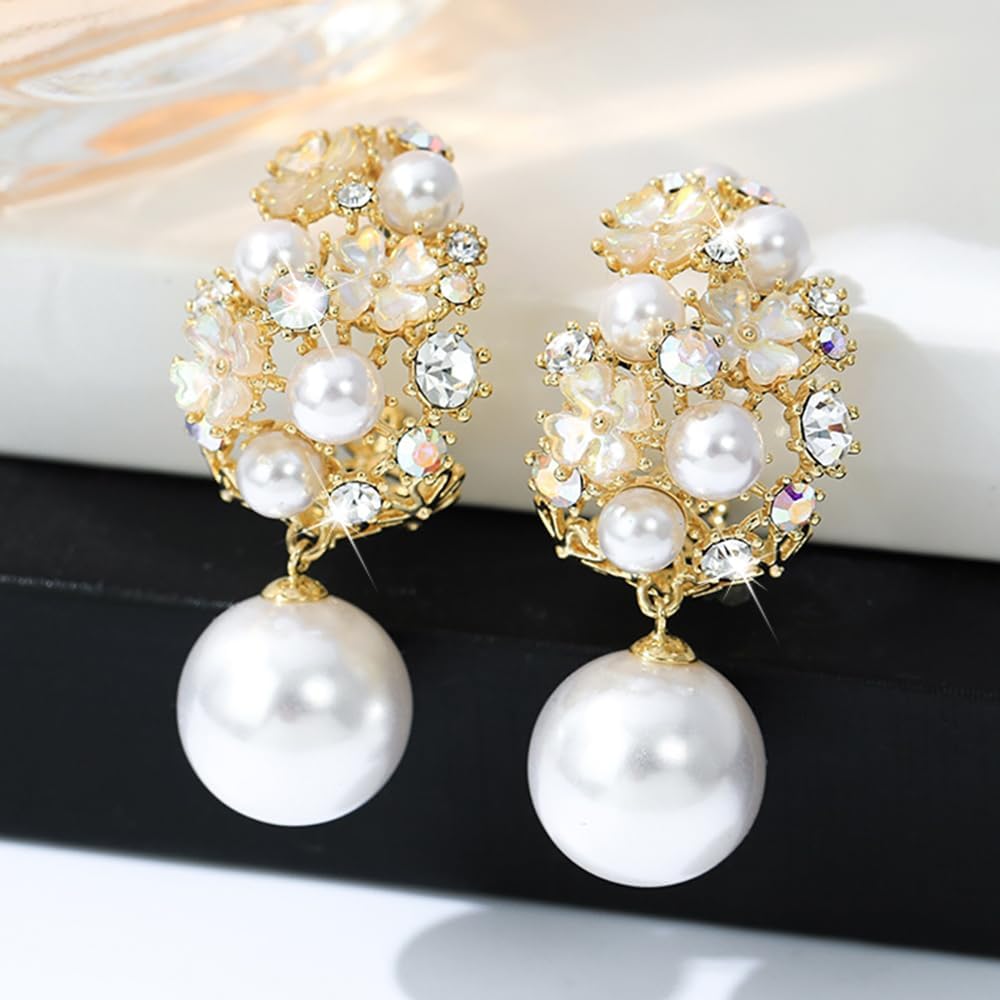 Pearl Round Bead Dangle Earrings for Women Shiny Rhinestone Flower Pearl Statement Earrings Crystal Pearls Drop Charm Earring Jewelry Wedding Gifts - Image 2