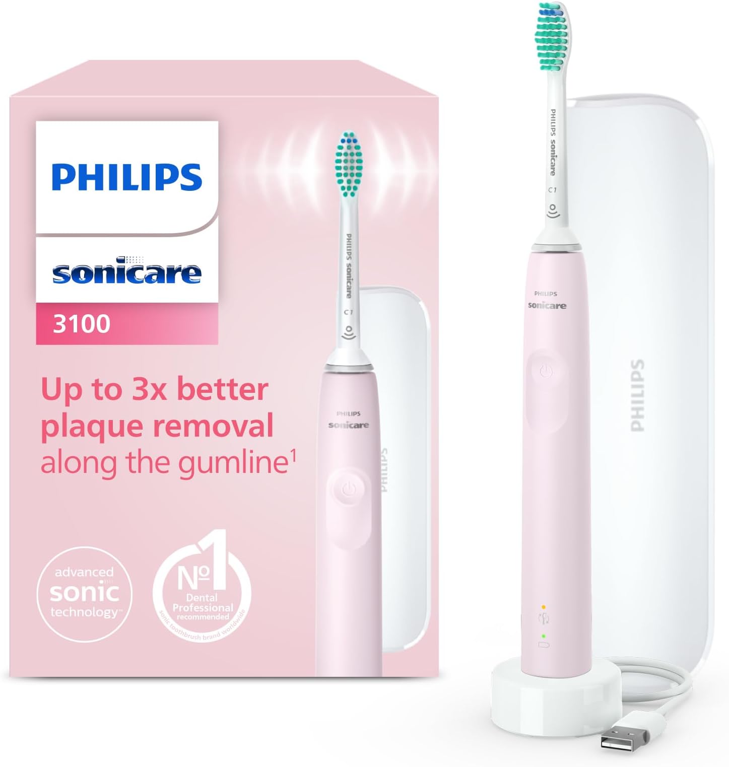 Sonicare 3100 Electric Toothbrush, Sonic Toothbrush, Pressure Sensor and Timer, Travel Case, Sugar Rose, Model HX3673/11