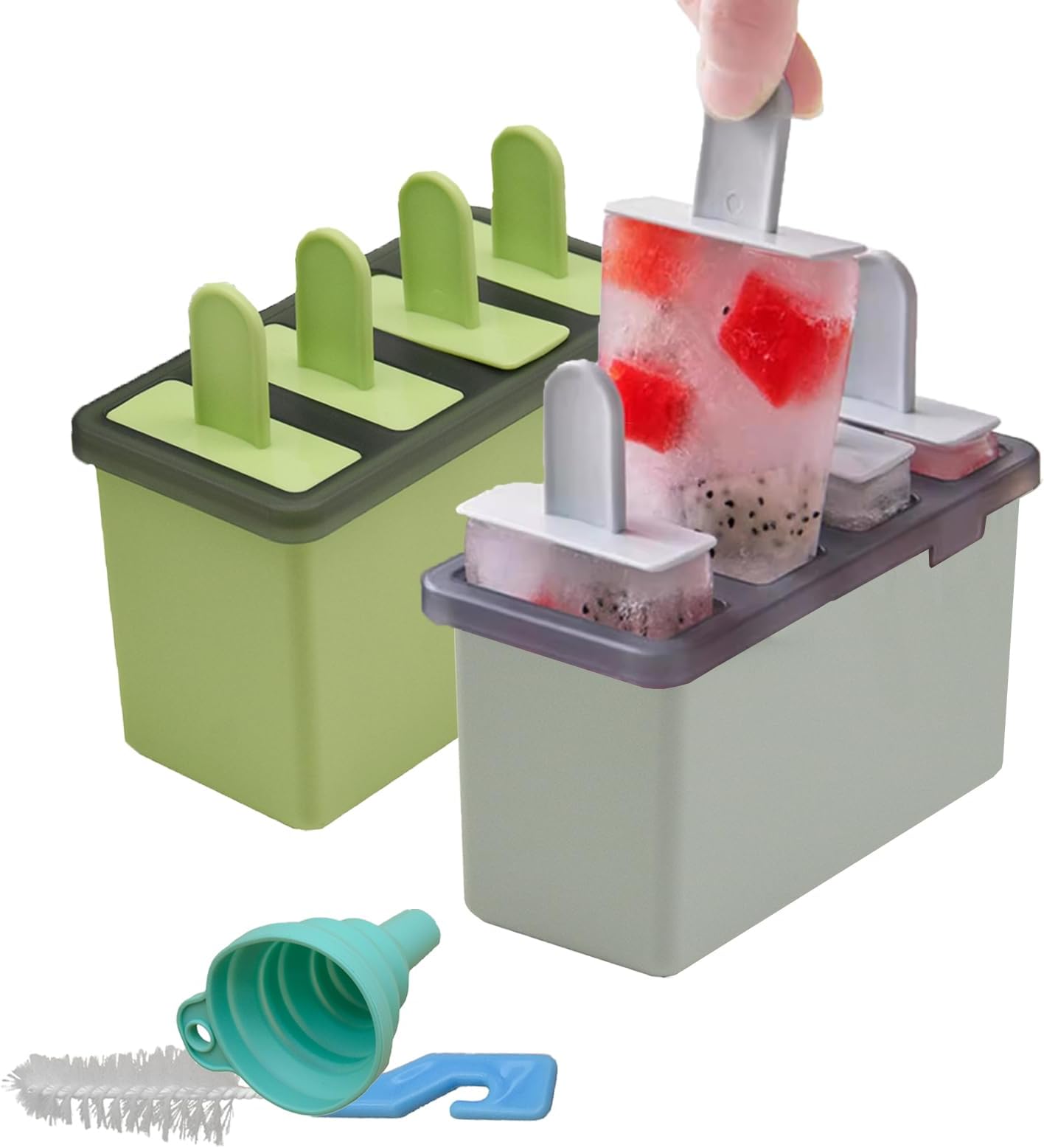 Plastic Ice Lolly Moulds Set,2PCS Popsicle Molds,Ice Cream Moulds Reusable DIY Ice Pop Moulds for Kids Frozen Popsicle with Sticks and Cleaning Brush and Silicone Folding Funnel(Green +Gray)