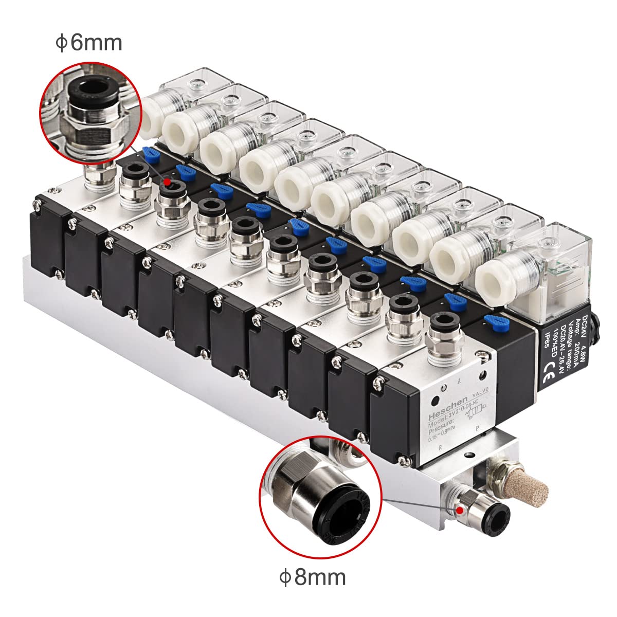 Heschen Válvula solenoide neumática eléctrica 10, 3V210-08, DC24V, PT1/4, 3/2 vías, conjunto de accesorios rápidos de silenciador base colector