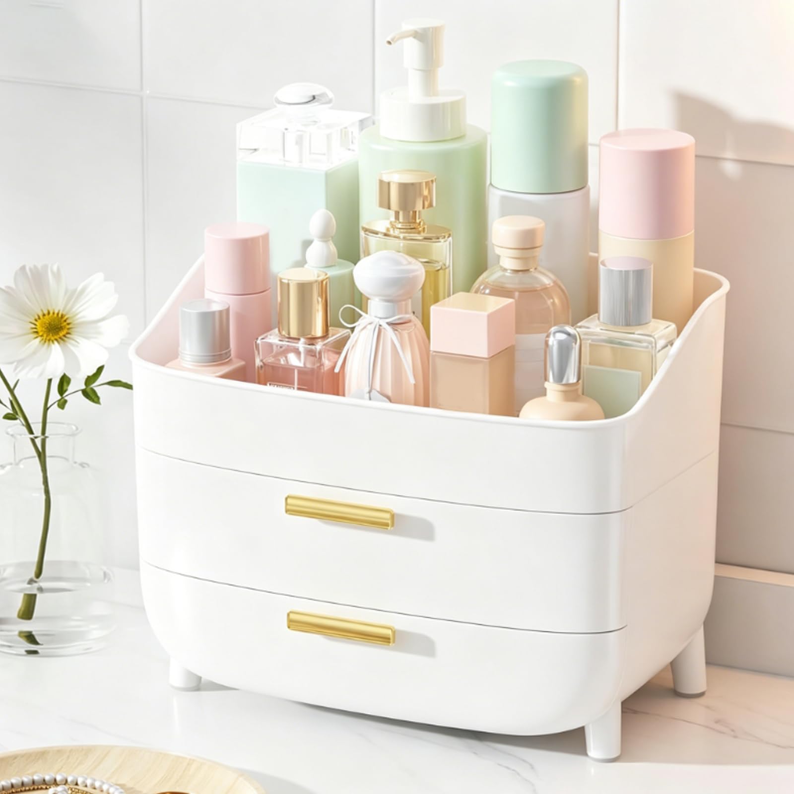 Xnqelerate Makeup Storage Organizer with Drawers, 3-Layer Skincare Organiser, Cosmetics Organiser, Makeup Box for Bathroom, Vanity, Desk Organization