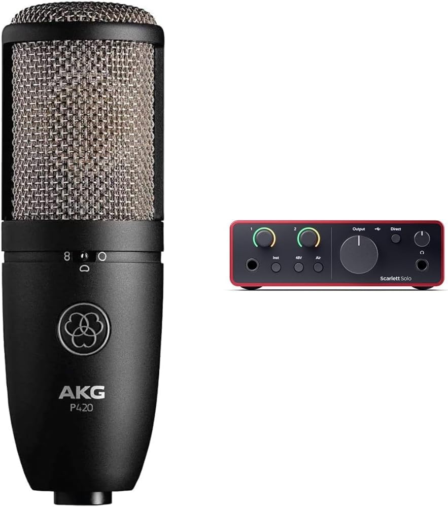 AKG P420 High-performance dual-capsule true condenser microphone - Black & Focusrite Scarlett Solo 4th Gen USB Audio Interface, for the Guitarist, Vocalist