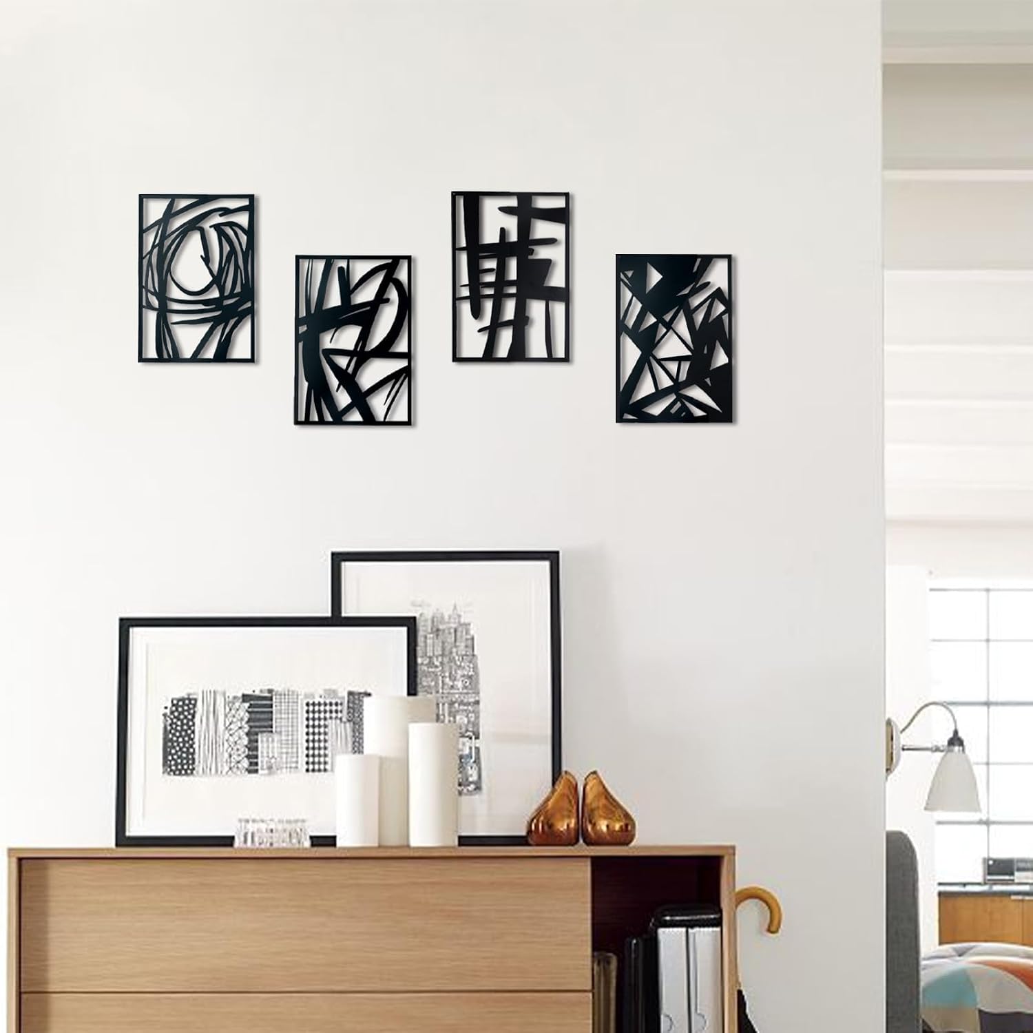 OYEFLY 4 Pack Abstract Metal Wall Art,Minimalist Art Decoration for Living Room Bedroom Bathroom Study (Black, 9.4 x 6.5inch)