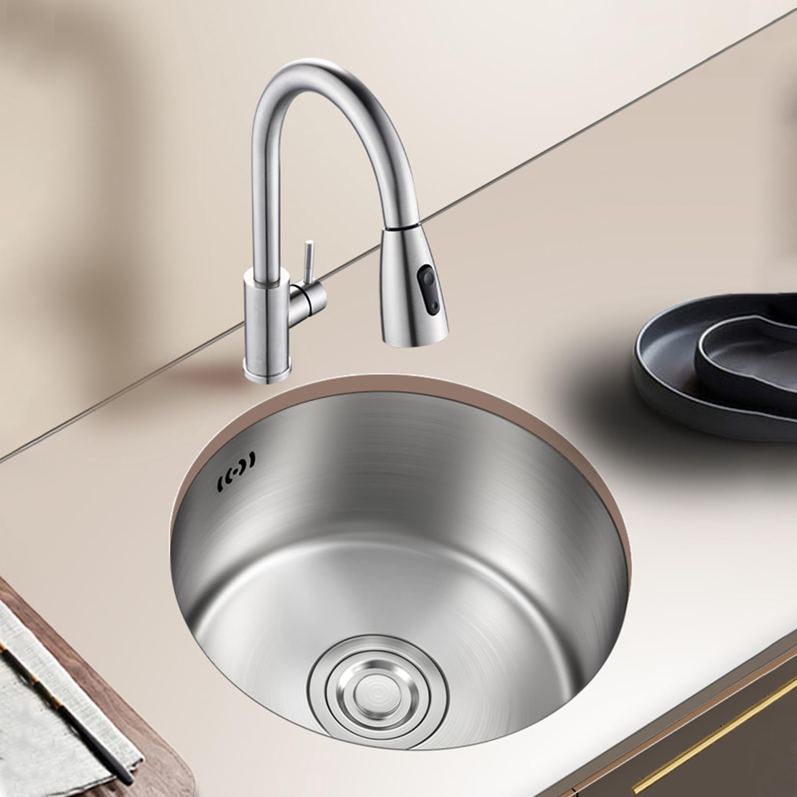 Évier de cuisine rond en acier inoxydable pour les repas en camping et bateau