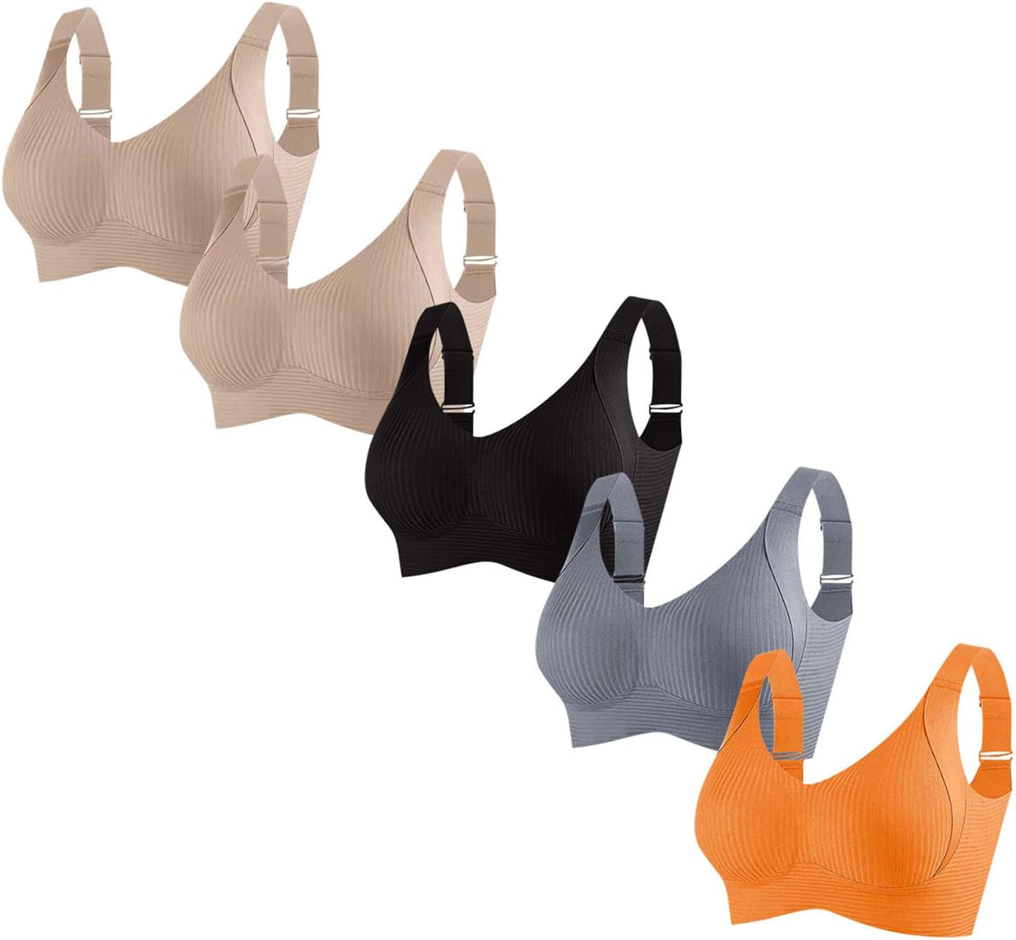 5 Pack Seamless Bras for Women Push Up Ribbed Wireless Full Support Adjustable Bra Solid Color Comfortable Bralette