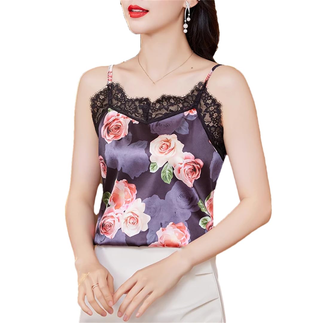 Canotta estiva da donna con stampa floreale in pizzo patchwork senza maniche