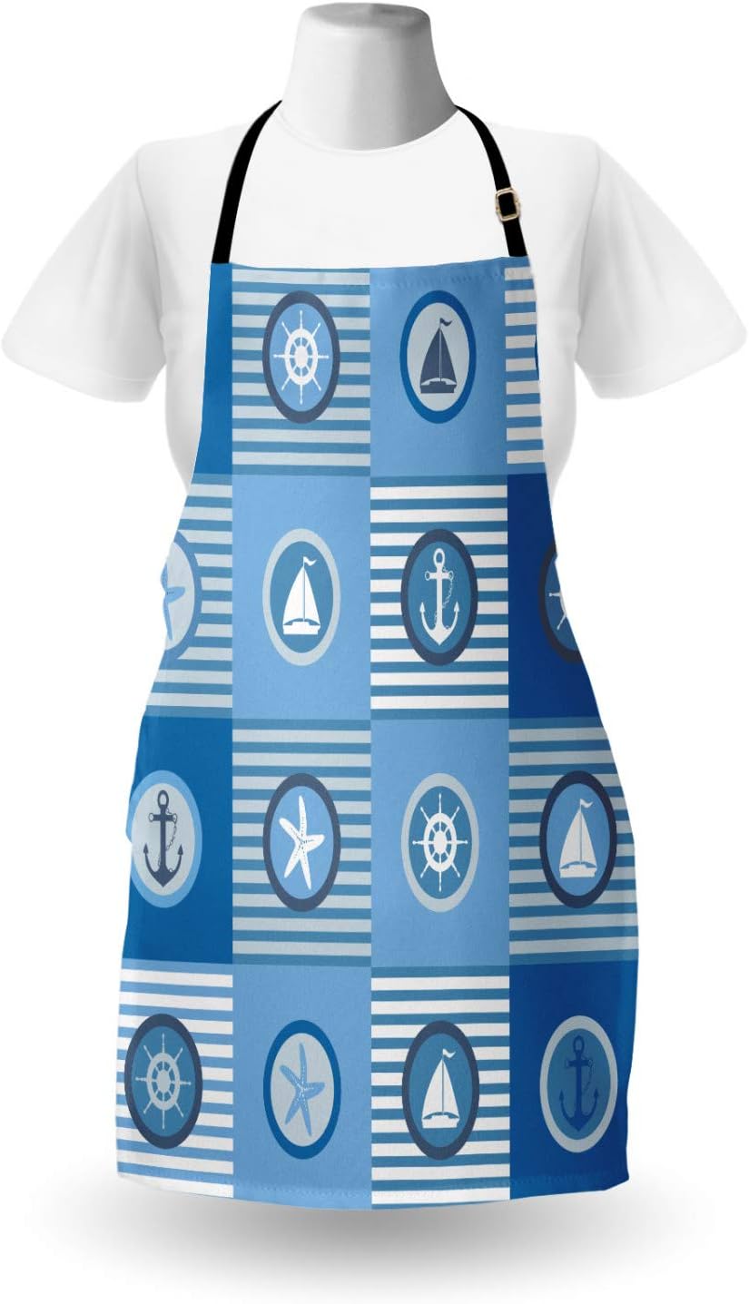 Lunarable Nautical Apron, Patchwork Themed Different Sea Theme in Striped Setting Navigation Yachting Image, Unisex Kitchen Bib Apron with Adjustable Neck for Cooking Baking Gardening, Blue