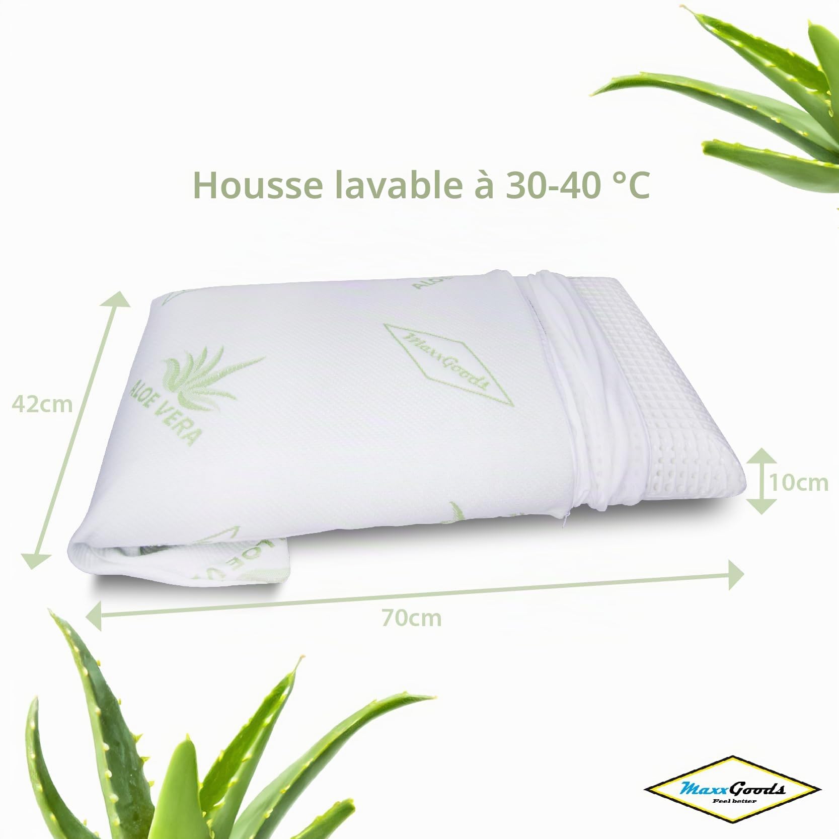 Oreiller orthopédique 42x70x10 cm en Mousse Visco Gel – Housse Aloe Vera + Doublure 100% Coton – Coussin Cervical pour Enfants, dormeurs sur Le Ventre et Lits à Eau