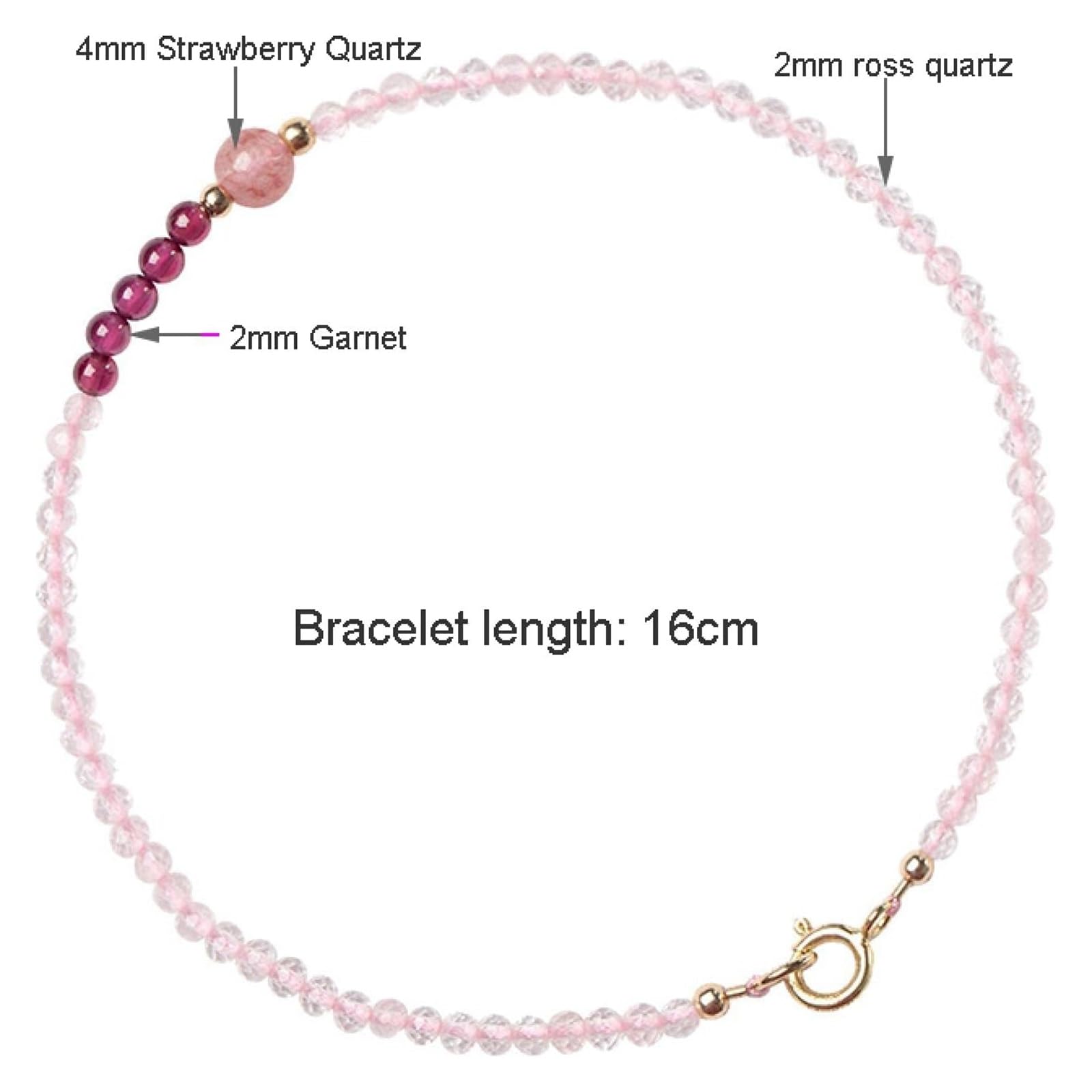 JCAKES Bracciali con perline Braccialetti Donna Lady Bracciale Ragazze Regalo Sottile 2mm Quarzo Fragola Naturale/Quarzo ross Granato Perline Braccialetti Ragazze Delicato