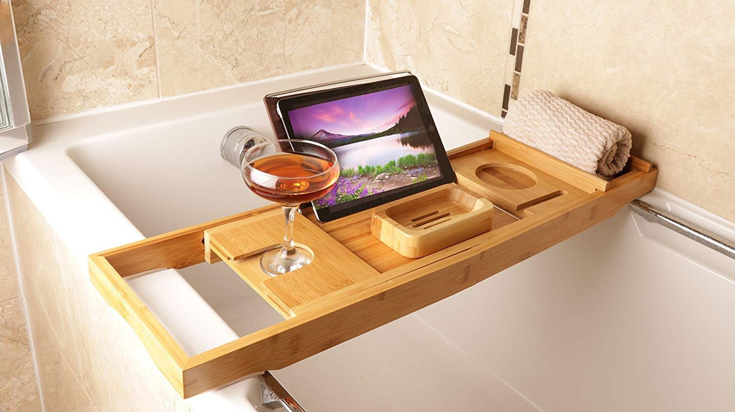 Bandeja De Bañera Bañera Caddie, Cama Escritorio Del Ordenador Portátil, Bandeja De Bañera Grande De Bambú 100% De Bandeja De La Cama, Uno O Dos Persona Bañera Y Bandeja De La Cama,(75/109)x23x4.5 cm
