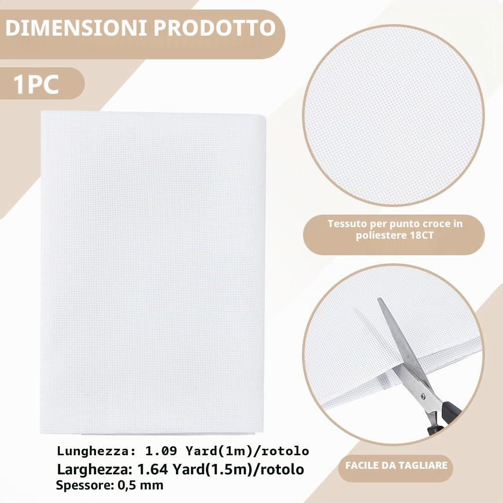 BENECREAT Tessuto per Punto Croce In Poliestere 18CT, Tela Aida Bianca Da 1x1.5 m per Ricamo Artigianale, Cucito A Mano, Artigianato Fai Da Te
