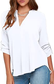 YMING Women's Casual Chiffon Blouse Long Sleeve Solid Color V Neck Tunic Shirt