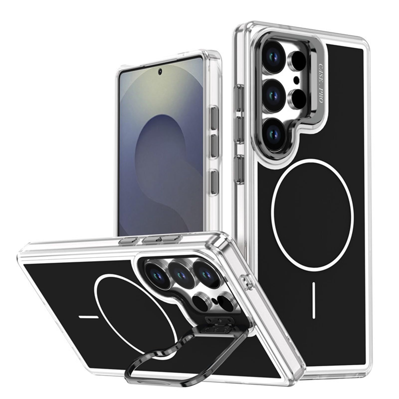 Przezroczyste etui do Samsung Galaxy S26 Ultra/S26+/S26, metalowa ramka na obiektyw stojak anty-żółty magnetyczny pokrowiec odporny na wstrząsy, czarny, S26+