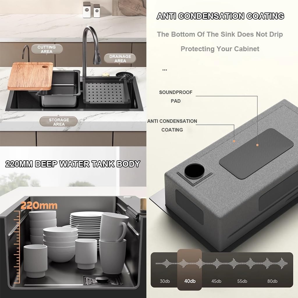 Generic Steel Kitchen Sink Waterfall Sink with Digital Display Pull-Down Faucet Multifunctional Bar Prep Sink with Cplete Accessory Set (Color : Black, Size : 80x45x22cm)