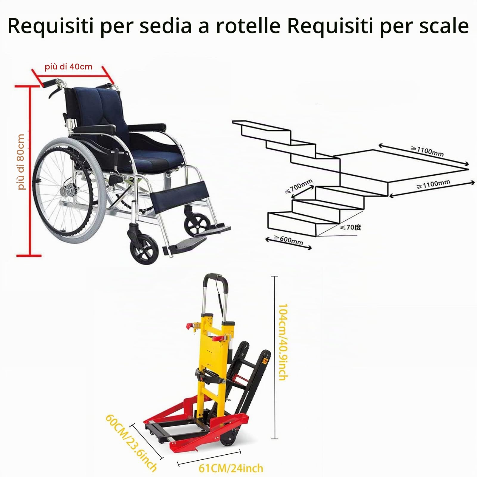 Tipo cingolato - Montascale Elettrico (Posto su Sedia a rotelle), con Maniglia telescopica, carico Massimo 440 libbre/200 kg, Motore Senza spazzole, per Il trasferimento di pazient