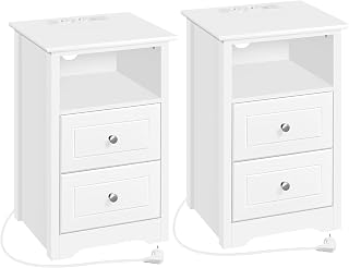 Yaheetech Bedside Table Set of 2 Side Tables with Charging Station and 2 Drawers, Modern Bedside Wooden Coffee Table for Bedroom Living Room White
