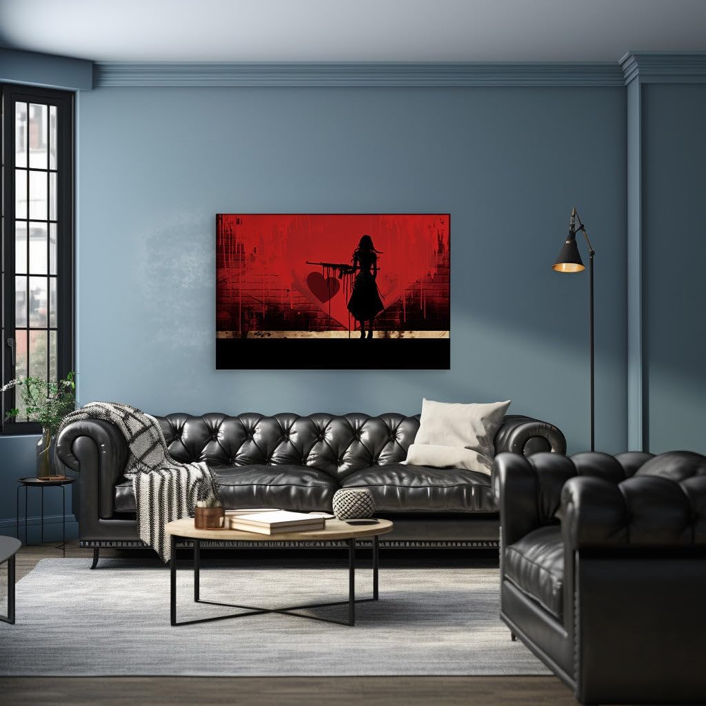 Canvas for Living room. Gun in Grace: A Femme Fatale's Silhouette Against the Heart of Danger, 27 x 18 inch Canvas Wall Art - Modern Home Decor - 69x46 cm (27x18 inch)
