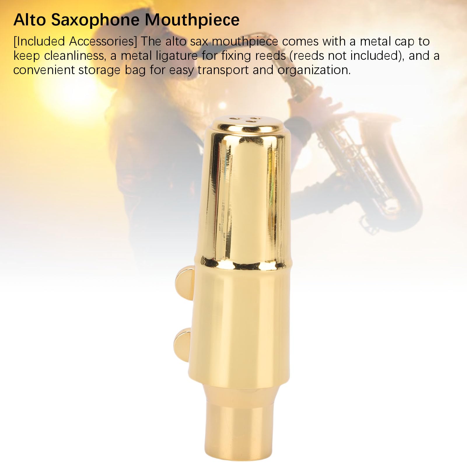 Naroote Boquilla para Saxofón Alto, Boquilla C6 de Latón Dorado con Tapa Metálica y Abrazadera, para Saxofones altos.