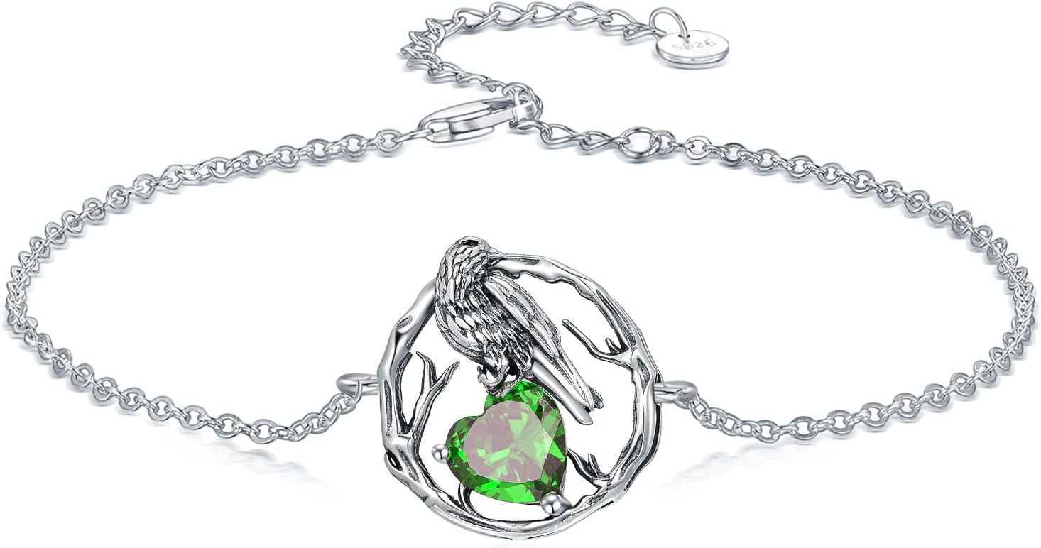 LONAGO Crow Bracelet for Women 925 Sterling Silver Raven with Heart Cut Birthstone Link Bracelet for Mother's Day Gifts