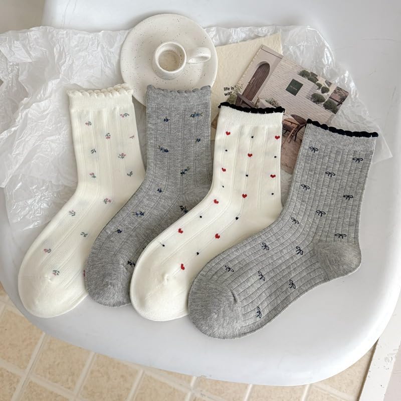 Image of 5 Pairs White Cute Socks, Women's Lace Ruffles Ankle Casual Sock, Cottagecore Breathable Socks, Floral Crew Socks
