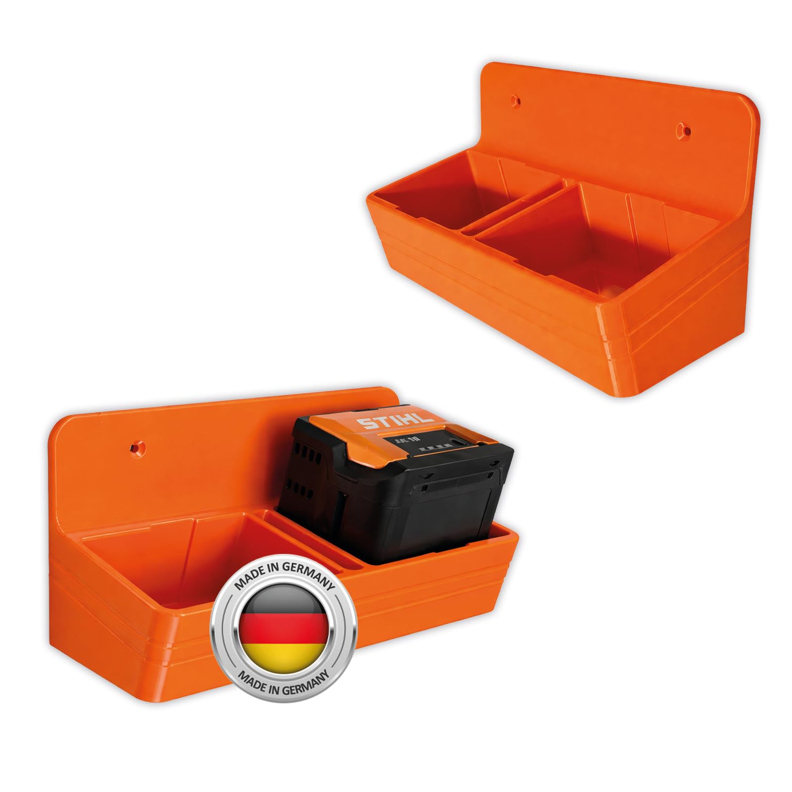 3D-Druck Camper Orange Battery Holder Suitable For Stihl Ak 10, Ak 20, Ak 30 S Batteries, Wall Mount For Ak-System Batteries, Organiser System For Stihl Batteries, Battery Holder For 1 Or 2 Batteries, Made In Germany