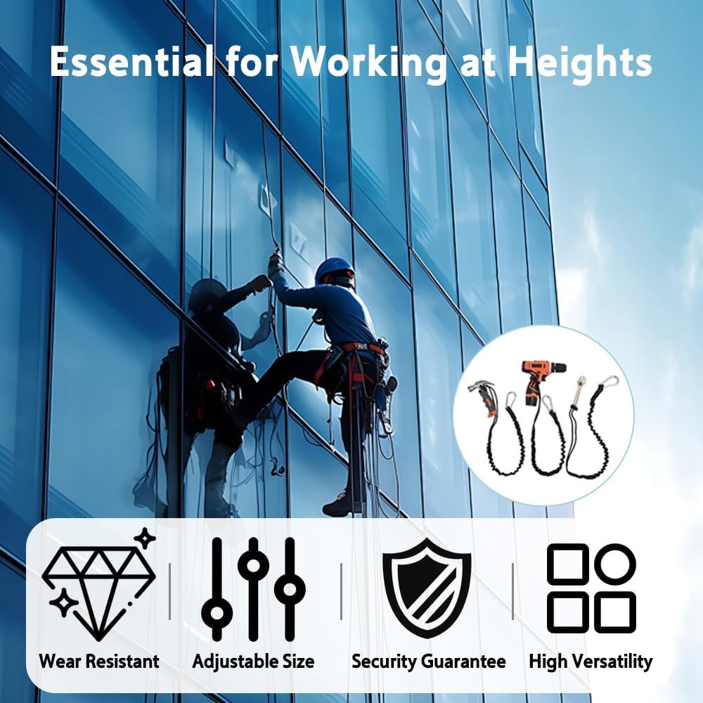 6 Piezas de Seguridad para Herramientas, Cuerda de Seguridad Elástica con Mosquetón para Anticaída y Protección contra Caídas en Trabajos de Altura, Ideal para Techistas, Construcción, Montaje y Mante