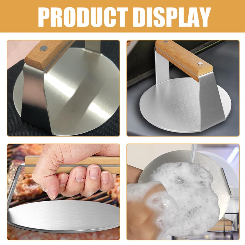 Baluue Pressa Hamburger Acciaio Inossidabile con Manico di Faggio Strumento per Creare Hamburger Fatti Casa Utensile da Cucina Resistente e Facile da Usare
