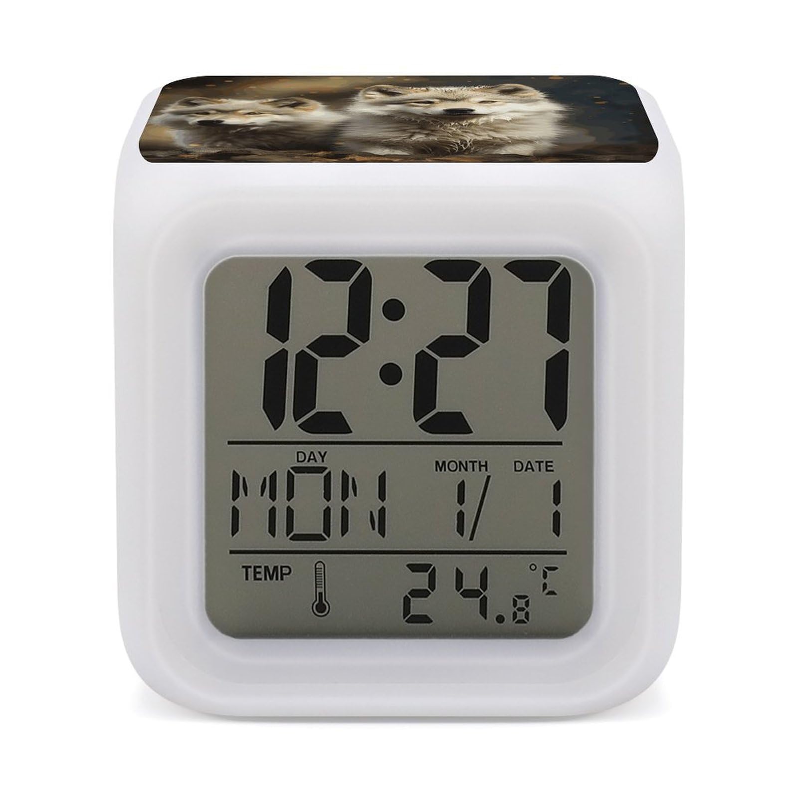 JTREHY 7 Color Changing LED Digital Alarm Clock,Cute Wolf Printed Wake-up Clock with Temperature Display Home Decoration Alarm Clock for Bedroom Office
