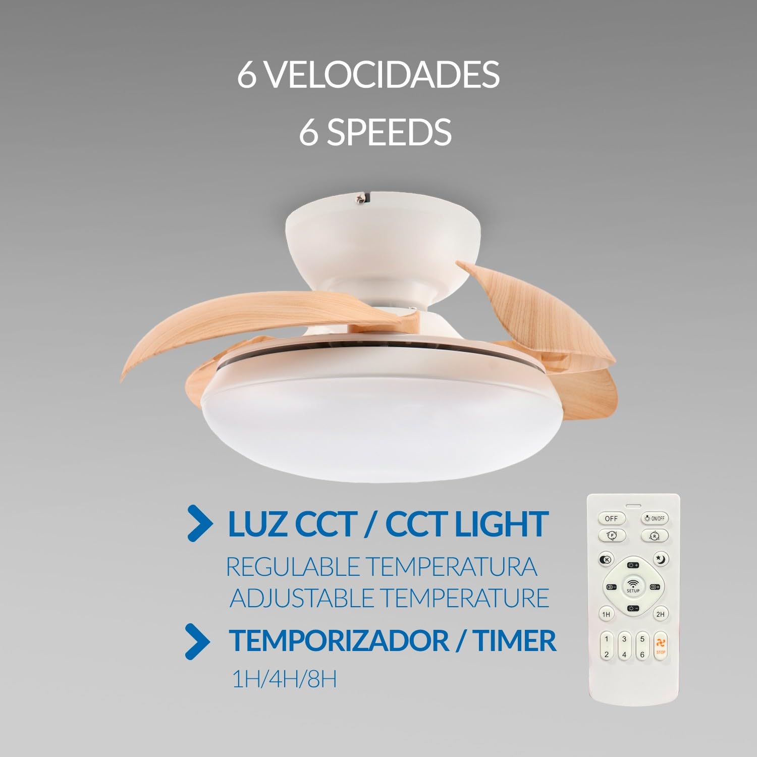 M Mimotec – Ventilateur de plafond LED Mushroom finition blanc bois naturel Ø72,5 cm, moteur DC silencieux, LED 24 W dimmable 3CCT 2700–6500 K, 2400 lm, télécommande, minuterie, fonction été/hiver.