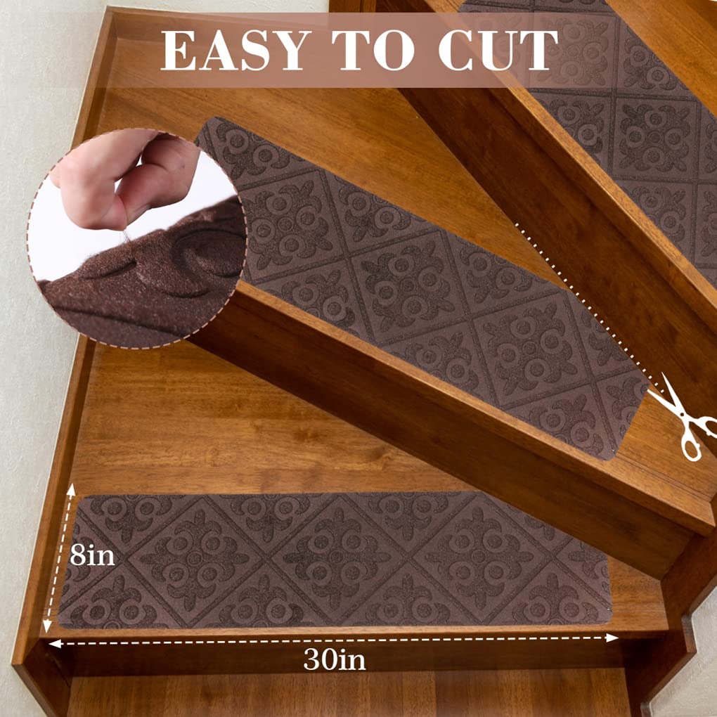 Arthome Alfombras de Escalera Antideslizantes, 15 Paquetes 20cm x 76cm Madera Escalones, Autoadhesivo Alfombra Antideslizante Seguridad para Mascotas, Ancianos y Niños (Marrón Gofrado)
