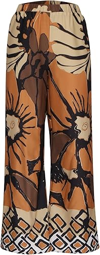 Miniatura 3 de Pantalones bohemios para mujer, de cintura alta, diseño floral, ligeros, de pierna ancha, de lino, algodón, para la playa, palazzo