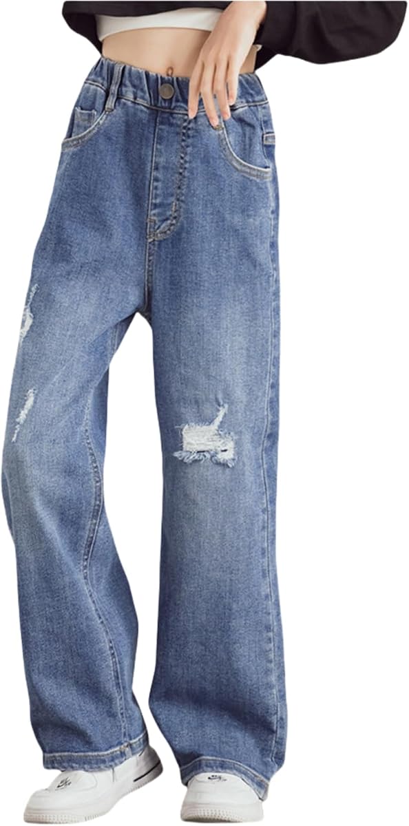 Rolanko Jeans para Niñas Denim Elástico Wasit Pierna Ancha Pantalones Holgados Ropa para Niños 4-14 Años