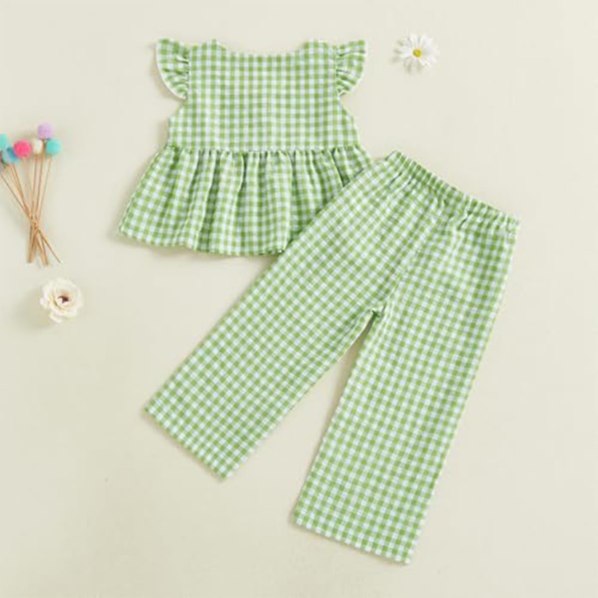 Conjunto Verano para Niñas Pequeñas Color Liso/Cuadros Sin Mangas Con Volantes Camisetas y Pantalones Anchos de Lino Ropa Infantil de Primavera - 3