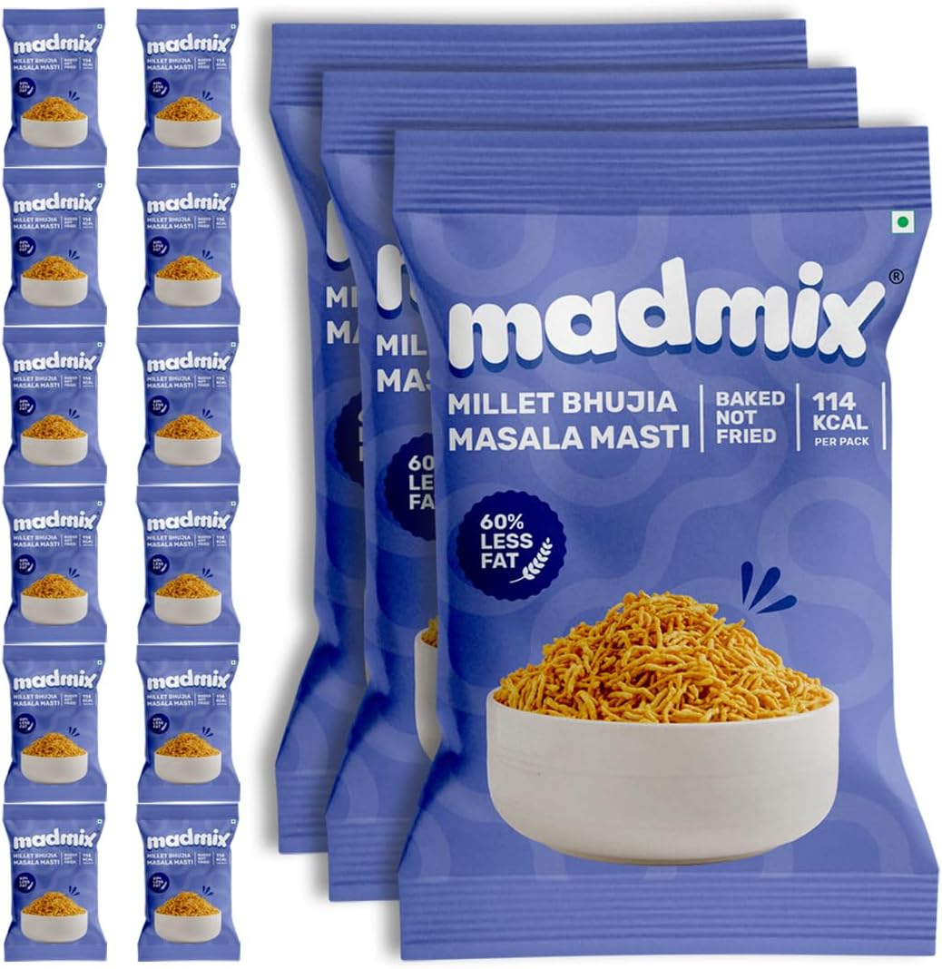 Madmix Millet Bhujia Masala Masti, Baked Snack, 60% Less Fat, 114 Kcal
