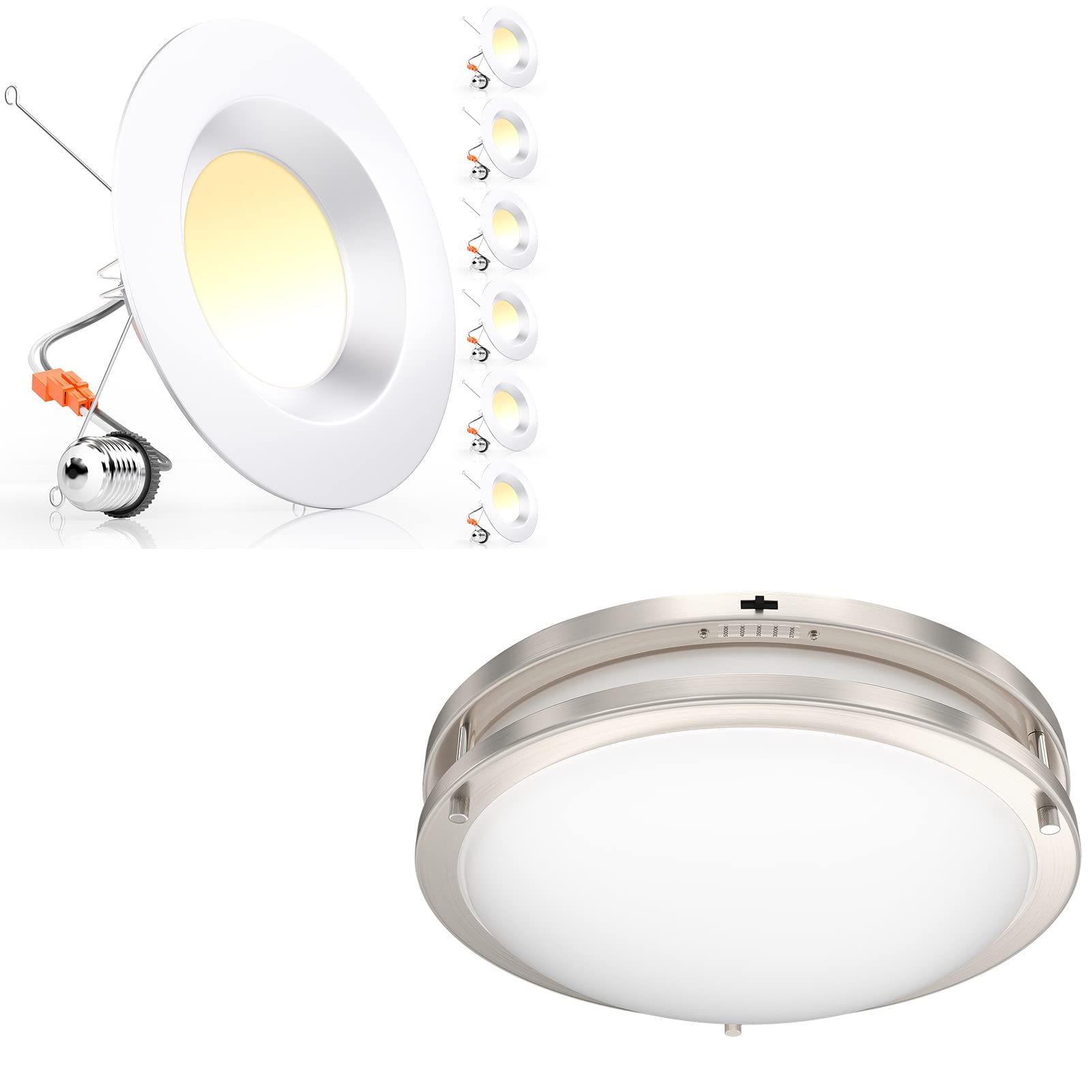 Photo 1 of Ensenior 6 Pack 5/6 Inch LED Can Lights Retrofit Recessed Lighting, 5CCT Selectable + Glass 5CCT 13 Inch Dimmable Ceiling Light, LED Flush Mount Ceiling Light Fixture, 2700K-5000K Selectable