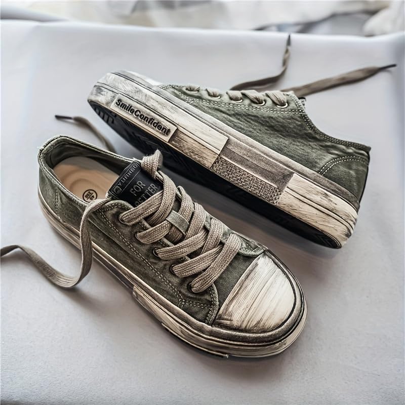 Vintage Style Street-Inspired Men's Canvas Skate Shoes - Distressed Solid Color Lace-Up Low Top Sneakers for Casual, Daily Wear - All-season Fabric Lined Rubber Sole Skateboarding Shoes with Round Toe2