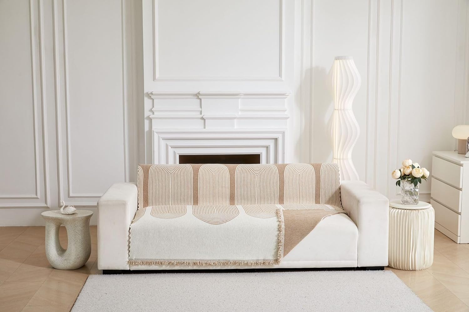 HOMETHREADS Chenille Reversible Thick and Soft Floral Sofa Cover | Elevate Your Living Space with Luxurious Slipcover Solutions for Sofa (Beige, 5 Seater | 220x180cm)