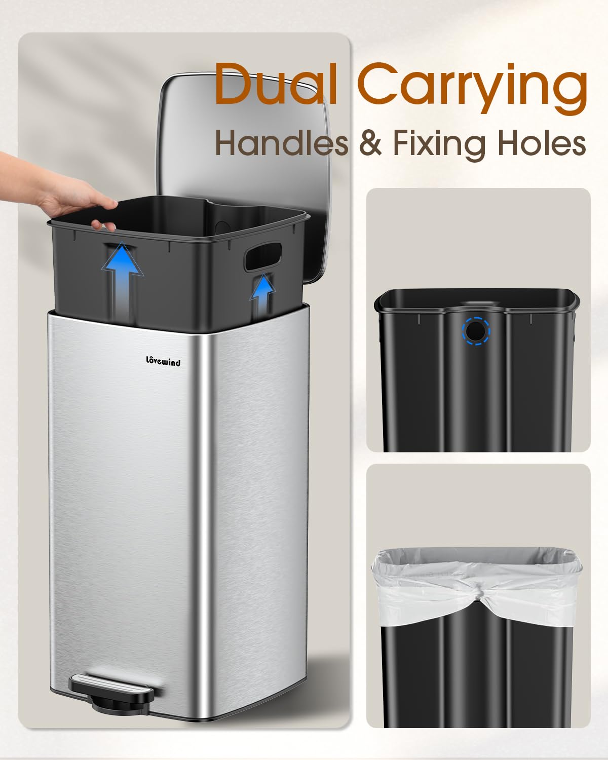 Lovewind Kitchen Trash Can with Lid, 8 Gallon/30 L Footstep Garbage Can for Kitchen Bedroom Home Office, 30 Liter Trash Bin Brushed Stainless Steel Waste Bin with Soft-Close Lid,Silver - Image 6