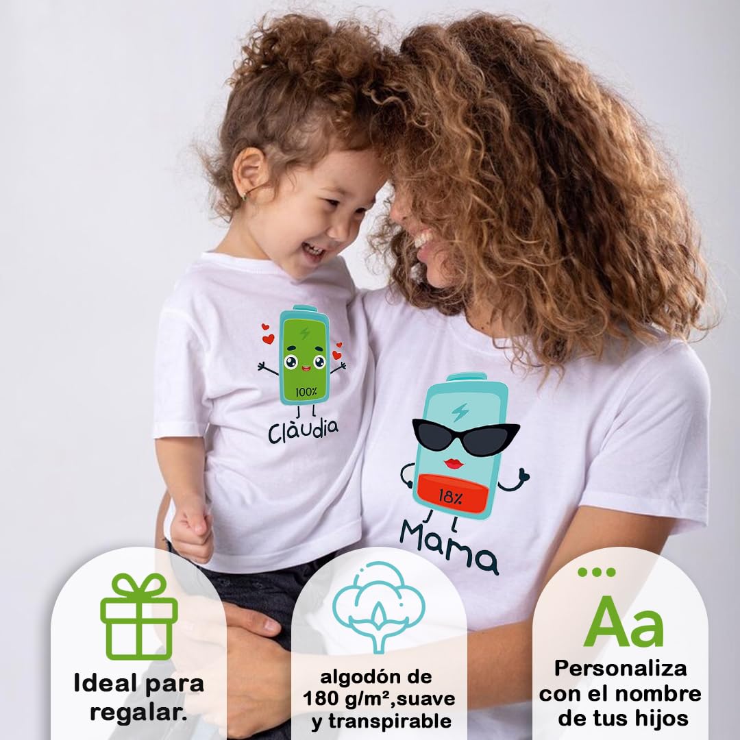 Evyre | Camisetas Personalizadas Regalo Día de la Madre | 100% Algodón | Camiseta Personalizada Mujer + Body Bebe o Camiseta Niña/Niño | Diseño Batería, Energía | Regalos para Mamá e Hijos Originales